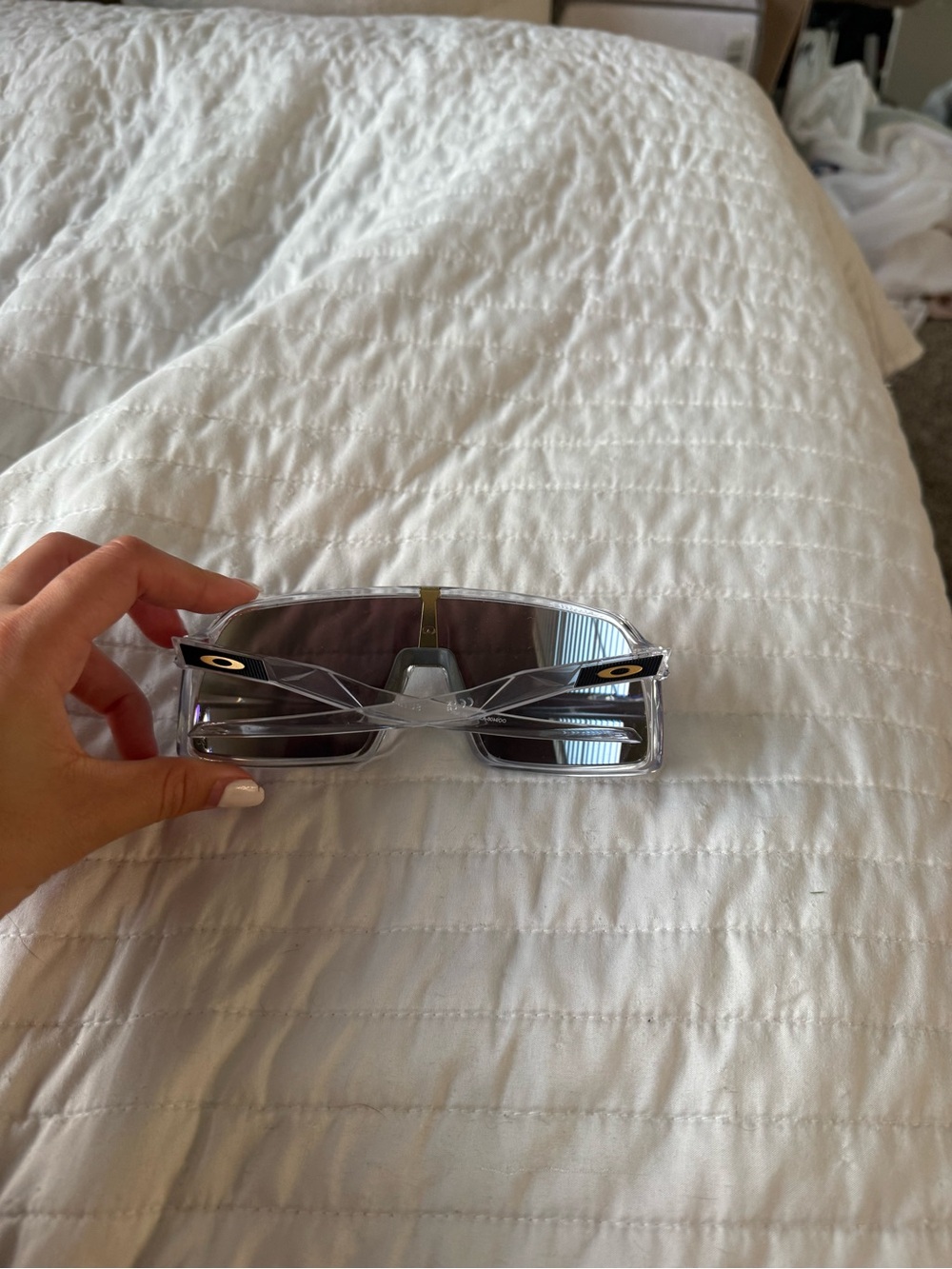 Oakley Shield Sunglasses Clear Frame with Blue-Green Mirrored Lens - Picture 2 of 5